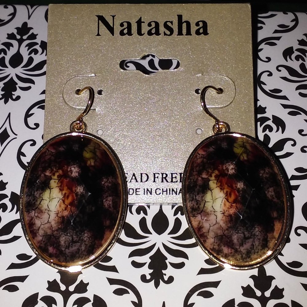 NATASHA OVAL BROWN/AMBER/GRAY STONE GOLD DANGLE EARRINGS**NEW! - Picture 1 of 3